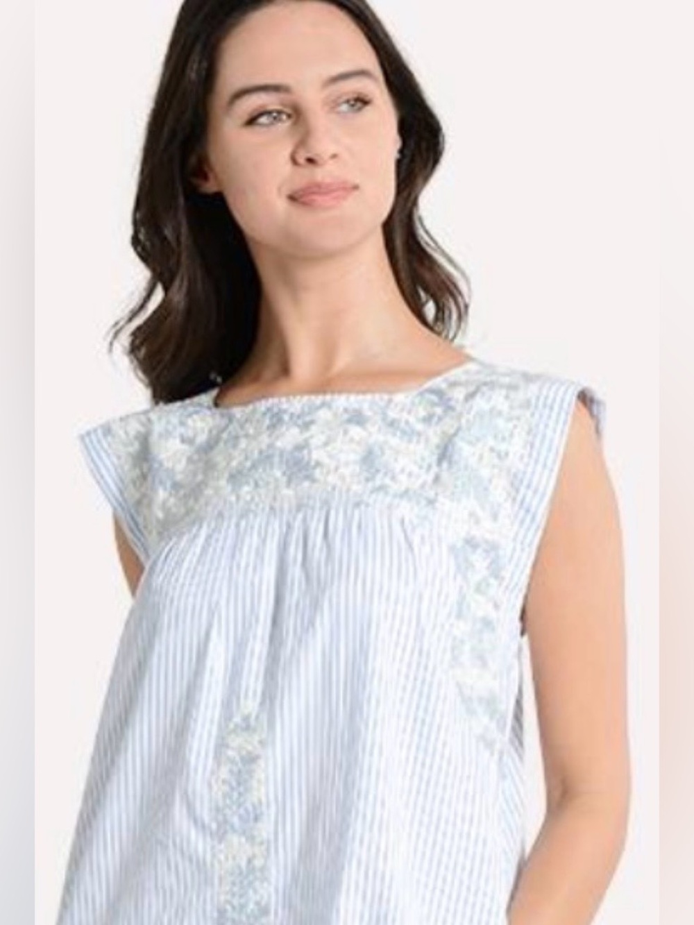 J. Marie Sleeveless White & Blue Striped Embroidered Women’s Top